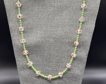 One-of-a-Kind Necklace with Light Green, Red, and White Lampwork Beads