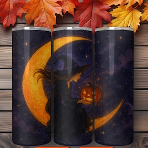 Witch on Moon Tumbler Wrap Halloween 20oz Skinny Tumbler Design Digital Download