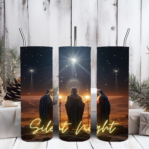 Silent Night Christmas Kings, 20 Oz Straight Skinny Sublimation Tumbler Wrap, PNG Digital Download, Three Shepherds, Star of Bethlehem Wrap