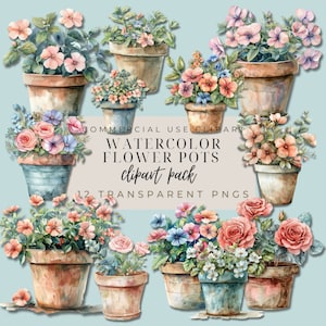 Puede incluir: Doce ilustraciones de acuarela de macetas con varias flores en tonos de rosa, azul y blanco. Las macetas son marrones y tienen un aspecto rústico y vintage. El texto "COMMERCIAL USE CLIPART WATERCOLOR FLOWER POTS clipart pack 12 TRANSPARENT PNGS" se muestra sobre un fondo azul claro.