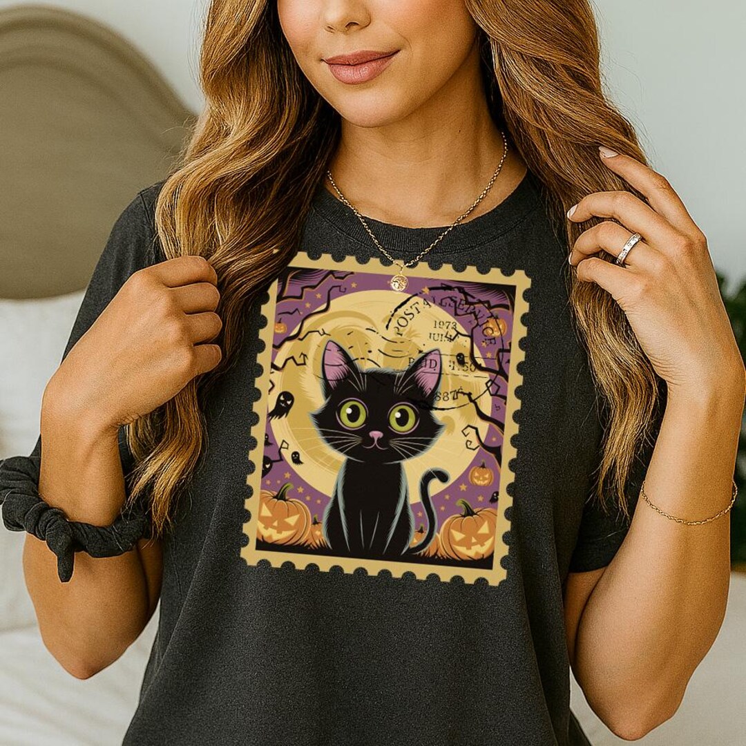 Cute Black Cat Halloween Postage Stamp PNG, Spooky Clipart, Digital ...