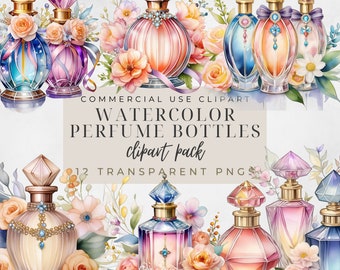 Watercolor Perfume Bottle Clipart,  Floral PNG Illustrations (Digital Download)