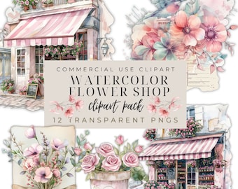 French Flower Shop Clipart, Watercolor Floral PNG Illustrations (Digital Download)