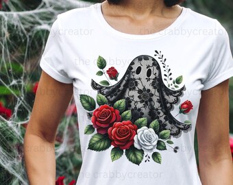 Gothic Lace Ghost PNG: Halloween Tattoo Art, Floral Clipart (Digital Download)