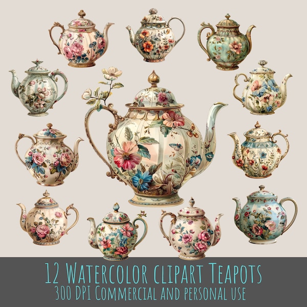 TeaPots Victorian Watercolor Clipart, 12 Transparent PNG Illustrations, Sublimation Designs, Floral Teapot, Tea Time Ornate Tea Party