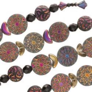 May include: Strands of decorative beads in various shapes and colors. The beads include round, flat, and faceted shapes. The round beads feature a floral design in shades of pink, gold, and blue. The flat beads have a similar floral pattern. The faceted beads are black.