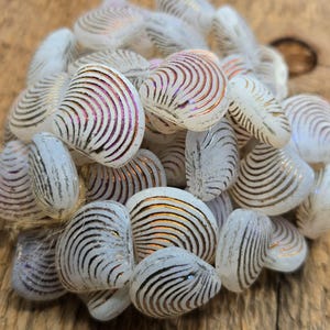 May include: A collection of white, shell-shaped beads with black and iridescent stripes. The beads have a pearlescent sheen and are clustered together, creating a textured appearance. The beads are on a wooden surface.