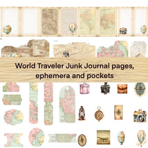 Artículos de World Traveler Junk Journal, efímeras, bolsillos, mapas, pasaporte, atlas, descarga digital