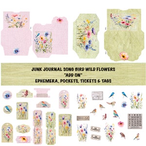 Junk Journal Song Bird Wild Flower, Taschen, Tickets, Tags, Ephemera, Scrapbooking, Mixed Media, direkter Download