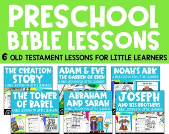 Op de afbeelding: Een set van zes afdrukbare Bijbelse lessen voor de kleuterschool, ontworpen voor jonge leerlingen. De lessen behandelen verhalen uit het Oude Testament, waaronder Het scheppingsverhaal, Adam en Eva, Noachs ark, de toren van Babel, Abraham en Sara, en Jozef en zijn broers. Elke les bevat een kleurplaat, een activiteitenblad en een Bijbelvers.