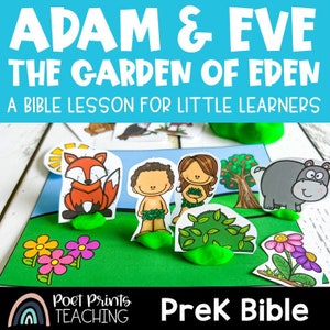 May include: A colorful felt board set for teaching children about the story of Adam and Eve in the Garden of Eden. The set includes felt figures of Adam, Eve, a snake, a tree, and other animals. The text "ADAM & EVE THE GARDEN OF EDEN A BIBLE LESSON FOR LITTLE LEARNERS" is at the top of the board. The text "Prek Bible" is at the bottom of the board.