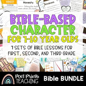 Può includere: Un'immagine colorata che promuove un curriculum di carattere basato sulla Bibbia per bambini dai 1 ai 10 anni. Il testo recita "Bible-Based Character for 1-10 Year Olds" e "7 Sets of Bible Lessons for First, Second, and Third Grade". L'immagine include illustrazioni colorate e il testo "Poet Prints Teaching Bible Bundle".