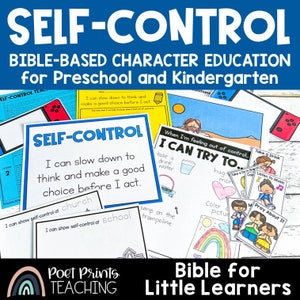 Puede incluir: Un conjunto de recursos educativos imprimibles para niños de preescolar y jardín de infantes. El conjunto incluye un póster con el texto "Autocontrol" y la frase "Puedo ralentizarme para pensar y tomar una buena decisión antes de actuar." El conjunto también incluye varias hojas de actividades con imágenes de niños que participan en diversas actividades, como jugar en un trampolín, colorear y rezar.