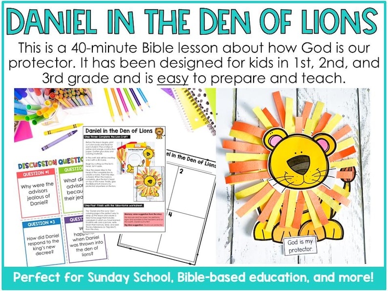 May include: A printable Bible lesson for kids in 1st, 2nd, and 3rd grade about the story of Daniel in the Lion's Den. The lesson includes discussion questions, a craft activity, and a printable sign that says "God is my protector".