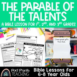May include: Educational materials for Bible lessons. The image features the text "THE PARABLE OF THE TALENTS" and "A BIBLE LESSON FOR 1ST, 2ND, AND 3RD GRADES". There are also printed teaching guides and a craft labeled "TALENT TREASURE CHEST".