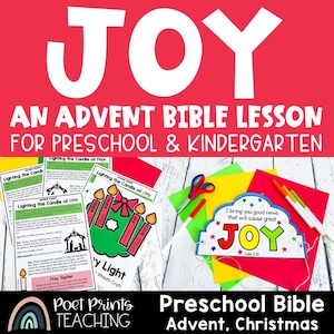 May include: Advent Bible lesson kit for preschool and kindergarten. The image shows the word "JOY" in large white letters on a red background. Includes printed lesson sheets, craft materials, and the text "An Advent Bible Lesson for Preschool & Kindergarten."