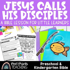 Op de afbeelding: Een kleurrijk educatief hulpmiddel getiteld "Jezus roept zijn discipelen" voor de kleuterschool en de kleuterschool. De afbeelding bevat werkbladen, een hengel met een vis en de tekst "Ik zal jullie vissers van mensen maken."