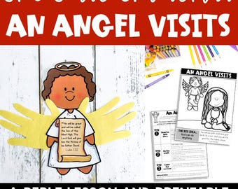 May include: A paper craft of an angel with brown skin, curly hair, a gold halo, and yellow hand-shaped wings. The angel holds a scroll with the text Luke 1:32. Beside it are printable activity sheets with the title AN ANGEL VISITS and coloured pencils.