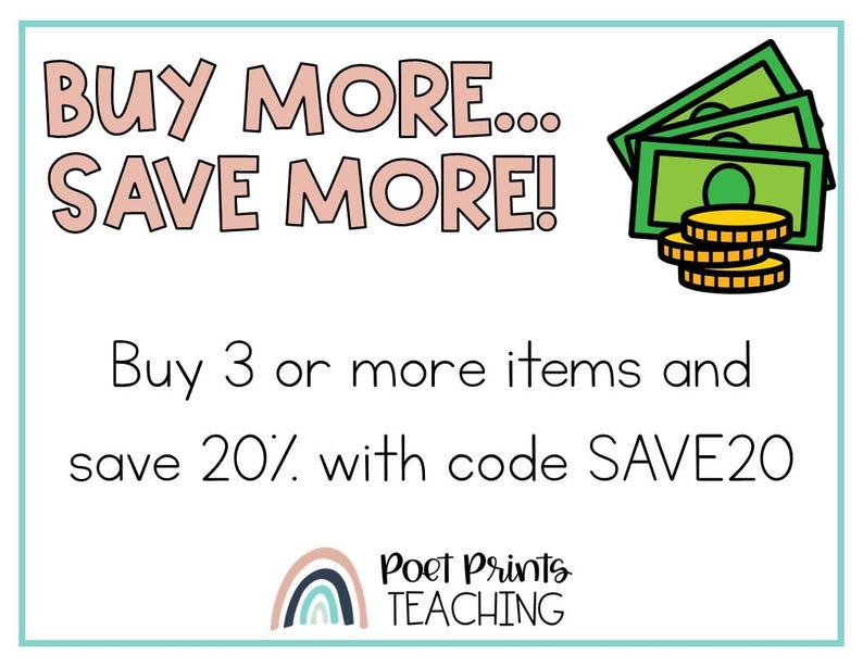 May include: A pink and green graphic with the text "BUY MORE... SAVE MORE!" and "Buy 3 or more items and save 20% with code SAVE20". The graphic also includes a cartoon image of money bills and coins.