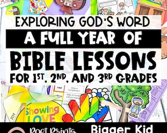 May include: A colorful image promoting a Bible lesson bundle for children in 1st, 2nd, and 3rd grade. The text reads "52 Bible Lessons for Bigger Kids", "Exploring God's Word", "A Full Year of Bible Lessons", "For 1st, 2nd, and 3rd Grades", "Poet Prints Teaching", and "Bigger Kid Bible Bundle".