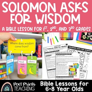 May include: A Bible lesson kit titled Solomon Asks for Wisdom for 1st, 2nd, and 3rd grades. It includes a yellow, pink, and green hanging card craft with moon graphics, printed teaching guides, a color-by-code worksheet, and colorful crayons.