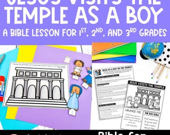 Könnte beinhalten: Eine bunte, druckbare Bibelstunde für Kinder im Alter von 6 bis 8 Jahren über Jesus, der als Junge den Tempel besucht. Die Lektion beinhaltet eine Malvorlage, eine Ausschneideaktivität und eine Lesestelle. Der Text "Jesus besucht den Tempel als Junge" steht in großen, fetten Buchstaben oben auf der Seite.