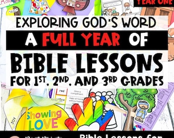 May include: A collection of educational materials titled 52 Bible Lessons for Bigger Kids Year One, featuring colorful paper crafts, illustrations of biblical scenes, and activity sheets designed for first, second, and third grade students.