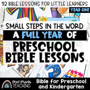 May include: A collection of educational materials titled 52 Bible Lessons for Little Learners Year One, Small Steps in the Word, A Full Year of Preschool Bible Lessons, and Bible for Preschool and Kindergarten, featuring colourful cartoon illustrations.
