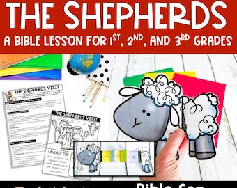 Op de afbeelding: Een printbare Bijbelles voor leerlingen van de eerste, tweede en derde klas over de herders die baby Jezus bezoeken. De les bevat een knutselactiviteit met een schapenuitknippatroon en een vouwboek.