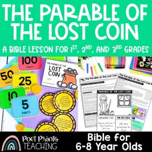 Lección bíblica sobre la parábola de la moneda perdida, manualidad y actividad bíblica imprimible para niños, escuela dominical, iglesia, parábolas de Jesús
