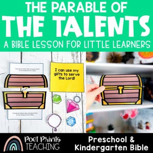 Puede incluir: Un recurso educativo colorido titulado "La parábola de los talentos" para preescolar y jardín de infancia. La imagen presenta un cofre del tesoro, gemas y el texto "¡Puedo usar mis dones para servir al Señor!"