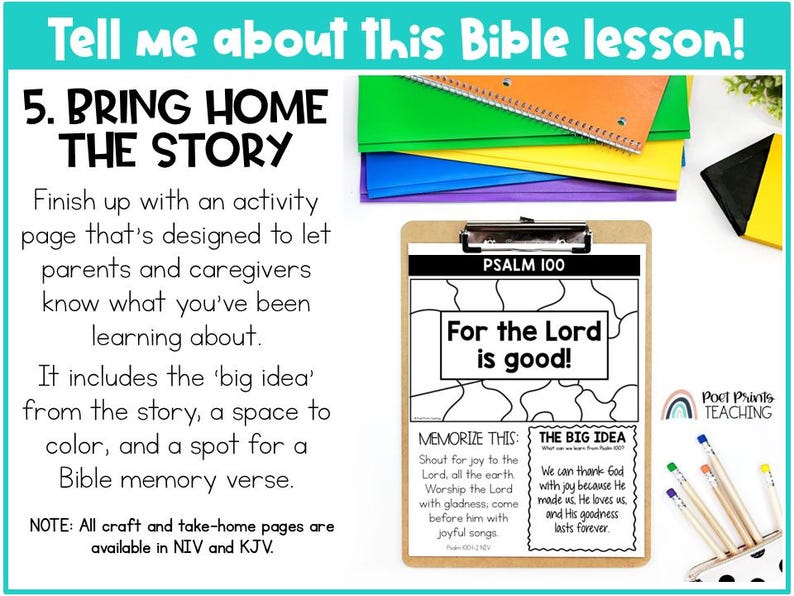 Op de afbeelding: Een kleurrijke educatieve bron met de tekst "Tell me about this Bible lesson!" en "Bring Home the Story." Bevat een klembord met een kleurplaat, notitieboekjes en potloden. De pagina bevat Psalm 100 en een Bijbelvers.
