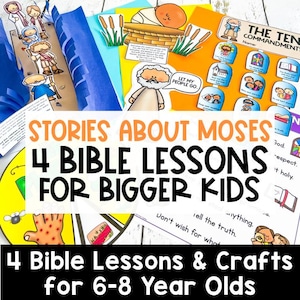 May include: A set of four Bible lessons and crafts for kids ages 6-8, featuring stories about Moses. The colorful printable set includes activities like coloring, cutting, and pasting.
