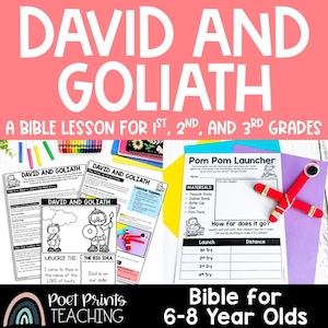 May include: A printable Bible lesson for children in 1st, 2nd, and 3rd grade about David and Goliath. The lesson includes activities like reading the Bible story, memorizing verses, and a craft project to make a pom-pom launcher.
