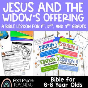Puede incluir: Una lección bíblica imprimible colorida para niños de 6 a 8 años sobre Jesús y la ofrenda de la viuda. La lección incluye cuatro estaciones de actividades: desafío de lanzamiento de monedas, frotado de monedas, estimación de monedas y creación de un sobre.