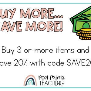 Op de afbeelding: Een roze en groene afbeelding met de tekst "BUY MORE... SAVE MORE!" en "Buy 3 or more items and save 20% with code SAVE20". De afbeelding bevat ook een cartoonafbeelding van geld, met drie groene biljetten en vier gouden munten.