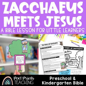 May include: A purple background with the text "Zacchaeus Meets Jesus" and "A Bible Lesson for Little Learners." The image includes a craft of Zacchaeus in a tree, worksheets, and the text "Preschool & Kindergarten Bible."