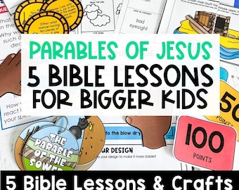 May include: A colorful image with the text "Parables of Jesus" and "5 Bible Lessons for Bigger Kids". The image also includes a variety of illustrations and crafts related to the parables of Jesus, including a sow, a shepherd, and a house built on sand. The text "5 Bible Lessons & Crafts for 6-8 Year Olds" is also included.