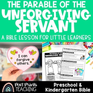 Puede incluir: Una lección bíblica para jóvenes estudiantes. La imagen presenta el texto "La parábola del siervo despiadado" sobre un fondo verde. Se muestra una tarjeta rosa en forma de corazón con el texto "Puedo perdonar a los demás". También se incluyen hojas de trabajo y el texto "Biblia preescolar y de jardín de infancia".