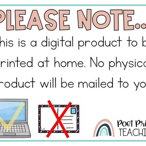 Op de afbeelding: Een digitale productaankondiging met de tekst "PLEASE NOTE... This is a digital product to be printed at home. No physical product will be mailed to you." Bevat een laptop met vinkje en een afgekeurde ansichtkaart.