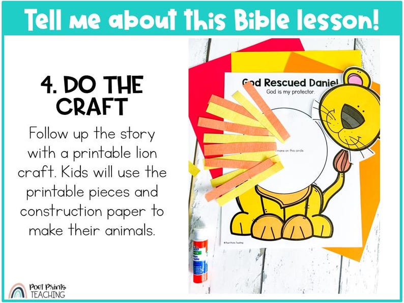 May include: A printable lion craft activity for kids. The craft includes a lion outline, a circle for writing, and strips of orange and yellow construction paper to make a mane. The text "God Rescued Daniel" and "God is my protector" is included on the printable.