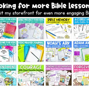 Op de afbeelding: Een collage van kleurrijke, printbare bronnen om kinderen over de Bijbel te leren. De bronnen omvatten Bijbelprojecten, geheugenverzen, lessen en karaktervorming. De titels zijn "Bible Project for Kids", "Kids Prayer Journal", "Noah's Ark Bible Lessons for Kids", "Adam and Eve Bible Lessons for Kids", "Contentment", "Courage", "Kindness & Empathy" en "Forgiveness".