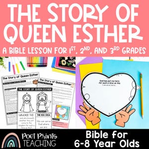 Puede incluir: Una lección bíblica imprimible colorida para niños de 6 a 8 años sobre la historia de la reina Ester. La lección incluye una hoja de trabajo, una gran idea y un versículo para memorizar. La hoja de trabajo presenta una ilustración en blanco y negro de la reina Ester y el rey Asuero.