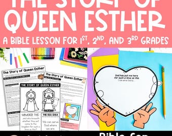 May include: A colorful printable Bible lesson for children ages 6-8 about the story of Queen Esther. The lesson includes a worksheet, a big idea, and a memory verse. The worksheet features a black and white illustration of Queen Esther and King Ahasuerus.