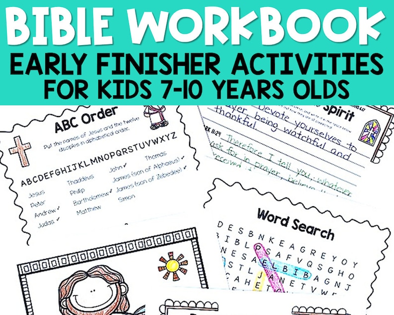Op de afbeelding: Een kleurrijk, printbaar werkboek voor kinderen van 7 tot 10 jaar met activiteiten die betrekking hebben op de Bijbel. Het werkboek bevat een woordzoeker, een alfabetische sorteeractiviteit en een invul-activiteit. De omslag van het werkboek bevat een kruis en de woorden "Bible Workbook" in grote, vetgedrukte letters.