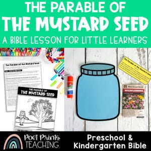 May include: A colorful educational resource for preschool and kindergarten. The image features the text "The Parable of the Mustard Seed" and includes a blue jar cutout, coloring pages, and a packet of wildflower seeds. Crayons and a glue stick are also visible.
