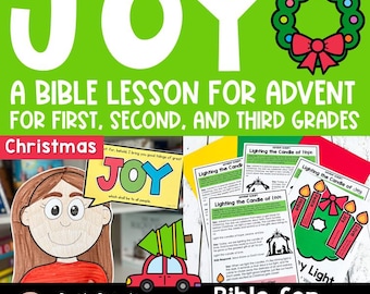 以下が含まれることがあります： 緑色の背景に白い「JOY」の文字、クリスマスのリース、そして「1年生、2年生、3年生のためのアドベントの聖書レッスン」というテキスト。聖書レッスンのイラストとテキストが含まれています。