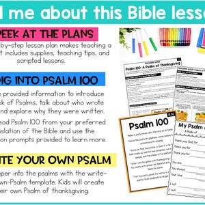 Op de afbeelding: Een kleurrijk Bijbellesplan met de tekst "Vertel me over deze Bijbelles!" bevat lesplannen, lesgidsen en sjablonen voor het schrijven van een psalm. De afbeelding toont ook pennen, kleurpotloden en notitieboekjes.