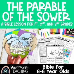 May include: A colorful printable Bible lesson for children ages 6-8 about the Parable of the Sower. The lesson includes a craft activity, a memory verse, and a big idea to help kids understand the story.