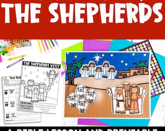 May include: A printable Bible lesson and craft set titled The First Christmas The Shepherds. It includes a black and white activity sheet with instructions, a colored scene featuring angels, sheep, and shepherds, and colorful crayons.
